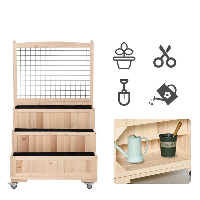 Cama de jardim elevada de madeira de 3 camadas com rodas, treliça, área de armazenamento traseira, fácil de mover para flores, ervas, natural