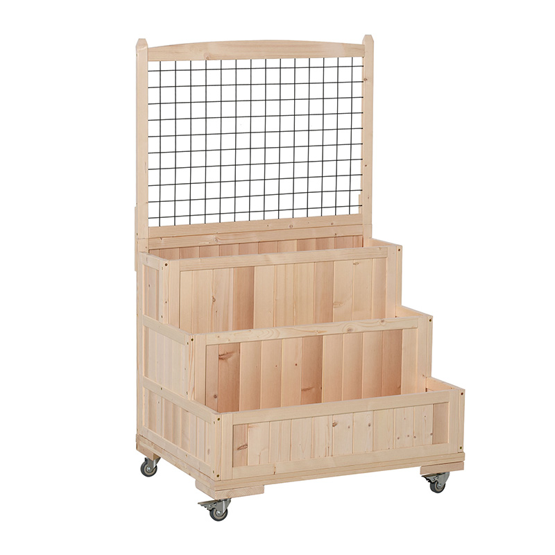 Cama de jardim elevada de madeira de 3 camadas com rodas, treliça, área de armazenamento traseira, fácil de mover para flores, ervas, natural