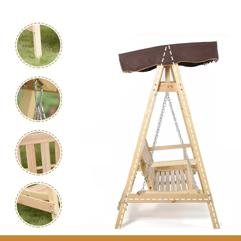 Balanço de varanda para 2 pessoas ao ar livre com suporte de madeira, design de estrutura em A forte e cobertura ajustável de combate à água