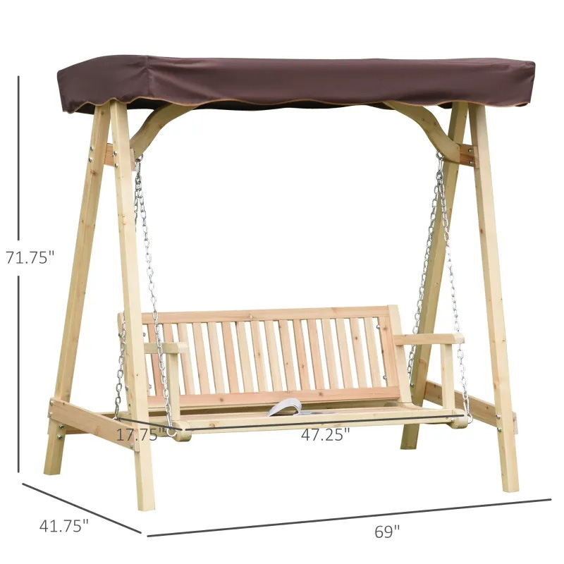 Balanço de varanda para 2 pessoas ao ar livre com suporte de madeira, design de estrutura em A forte e cobertura ajustável de combate à água