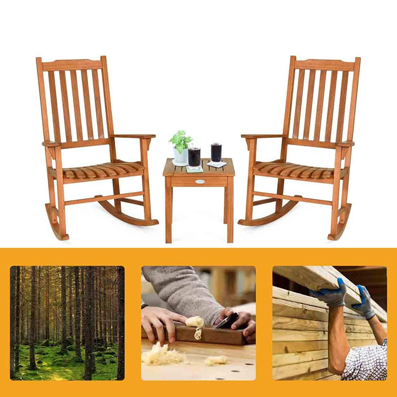 Conjunto de cadeiras de balanço de madeira de álamo 3 peças com mesa de centro 2 cadeiras de conversação de madeira