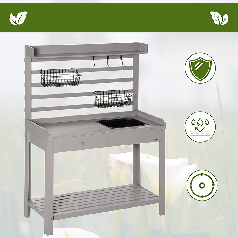 Mesa de banco de vasos, estação de trabalho de jardim com tela de peneira, pia e cestos removíveis