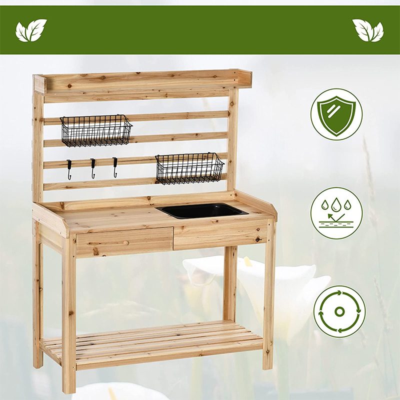 Mesa de banco de vasos, estação de trabalho de jardim com tela de peneira, pia e cestos removíveis