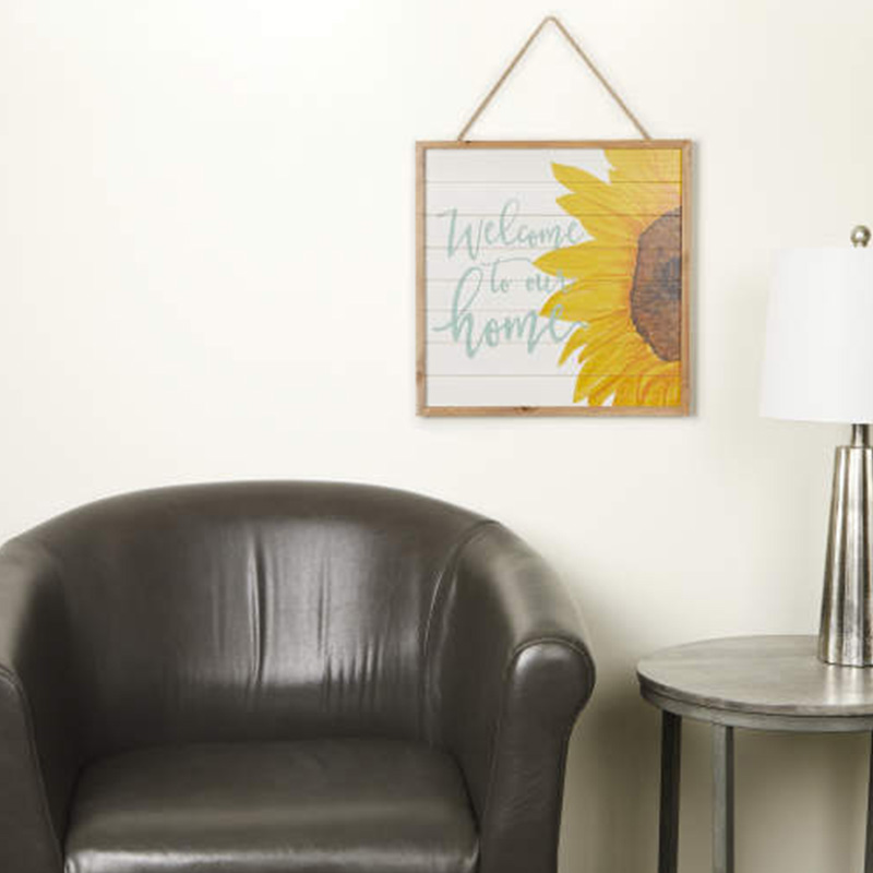 Placa de parede de madeira de girassol suspensa 'Bem-vindo à nossa casa'