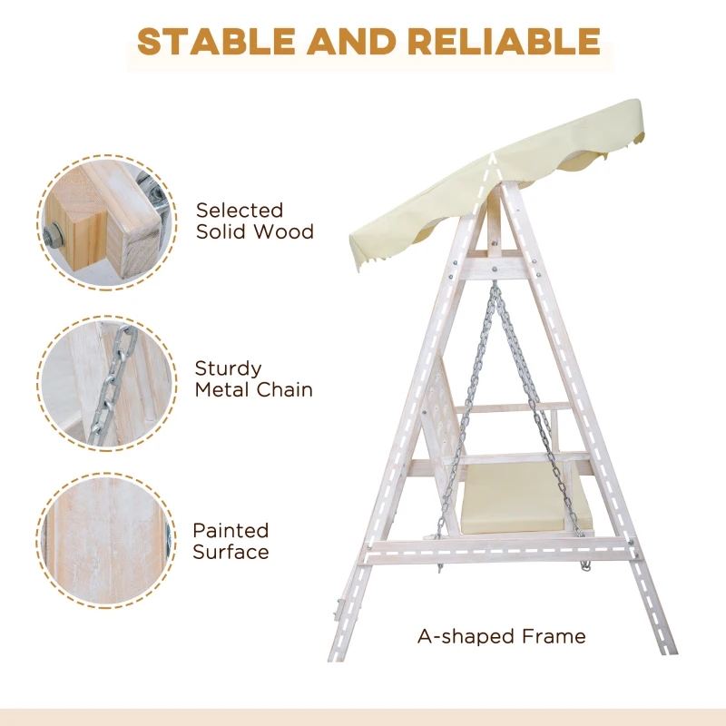 Balanço de varanda para 2 pessoas ao ar livre com suporte de madeira, design de estrutura em A forte e cobertura ajustável de combate à água
