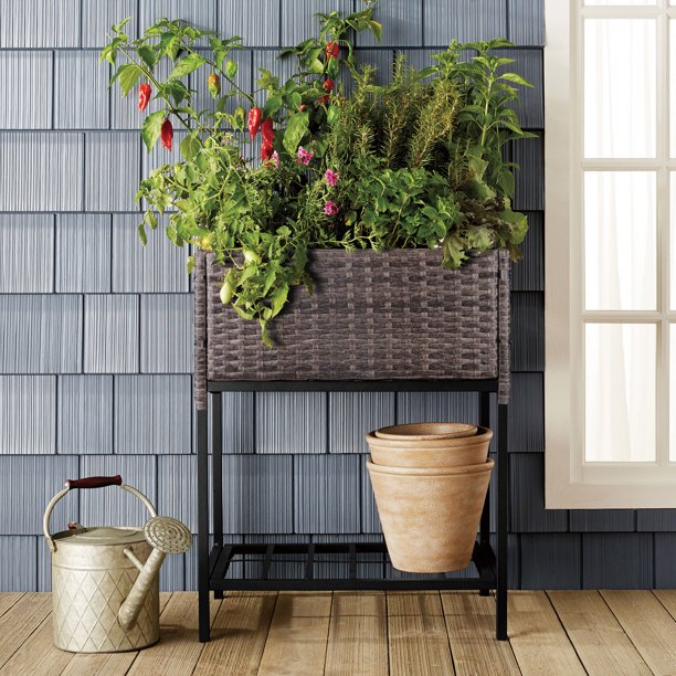 Caixa de plantador de flores de vime interno/externo com rack de armazenamento de ferramentas abaixo e área de trabalho elevada resistente 28' H